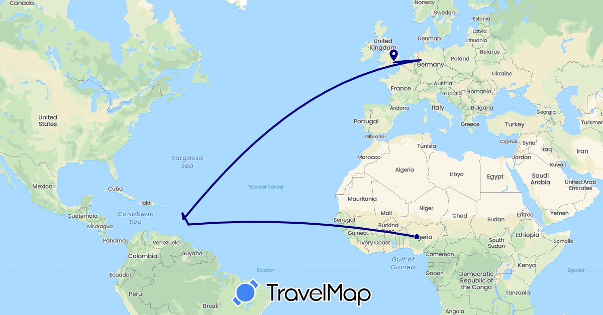 TravelMap itinerary: driving in Barbados, Germany, France, United Kingdom, Nigeria (Africa, Europe, North America)